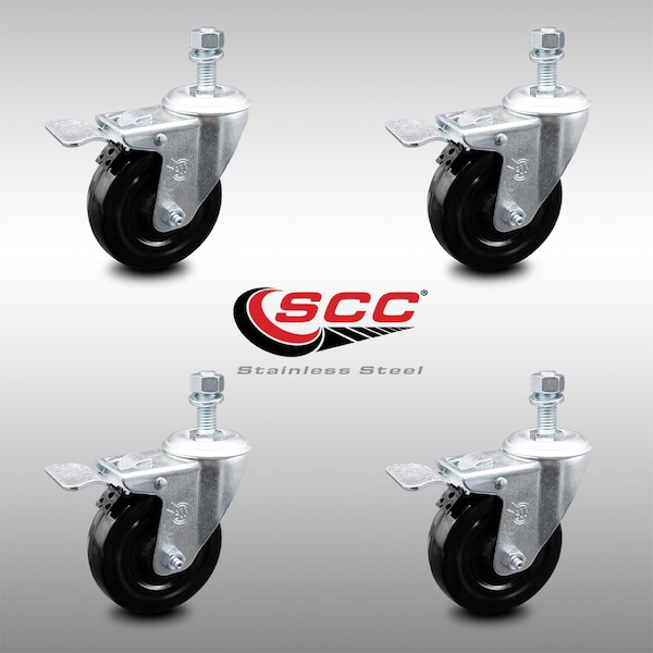 4 Inch SS Hard Rubber Swivel 12mm Threaded Stem Caster Set Total Lock Brake
